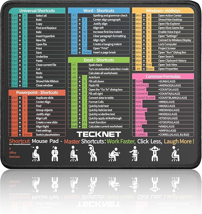 TECKNET Shortcut Mouse Pad for Excel Word PowerPoint Windows, Non-Slip Waterproof Office Desk Mat-11.6x9.8 Inch, 68 Keyboard Shortcuts, Portable Computer Mousepad, Durable, Clear Printing, Black