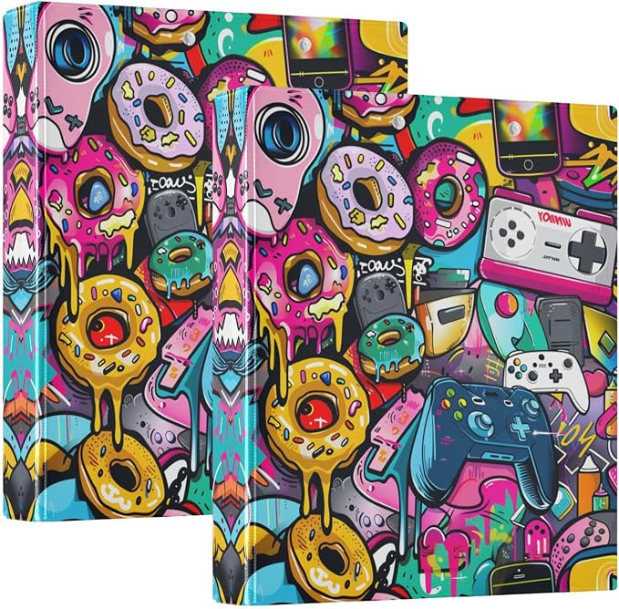 Game Boy Donuts Round Ring Binder for Recipe Budge Storage Organizer, Printed D Ring 1.5 Inch Binders for Office Work School Aesthetic Binder with Clear Pocket Non-Slip Clip