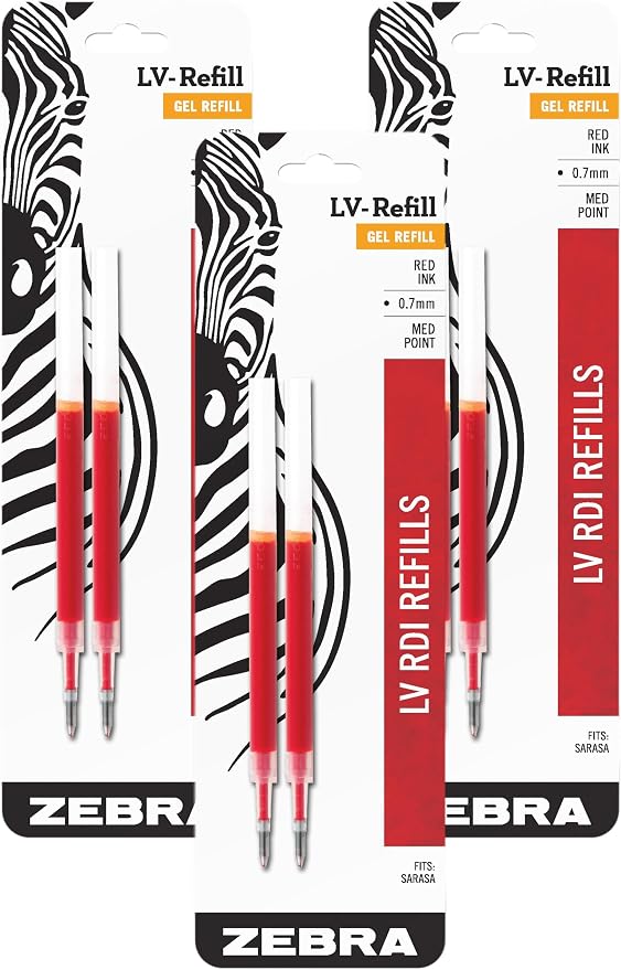 Zebra Pen LV-Refill for Gel Ink Pens, Medium Point, 0.7mm, Red Ink, 6-Pack