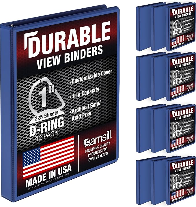 Samsill Durable 1 inch 3 Ring Binder, D Ring Binder, 100% Recycled Chipboard, Blue, 12 Pack