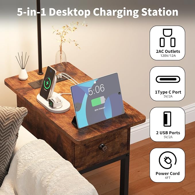 runjuly Floor Lamp with Table, Narrow Side Table with Charging Station | Wood Drawer, Built in Type-C and USB Port, Light Attached Nightstand, End Table for Living Room / Bedroom, Rustic Brown