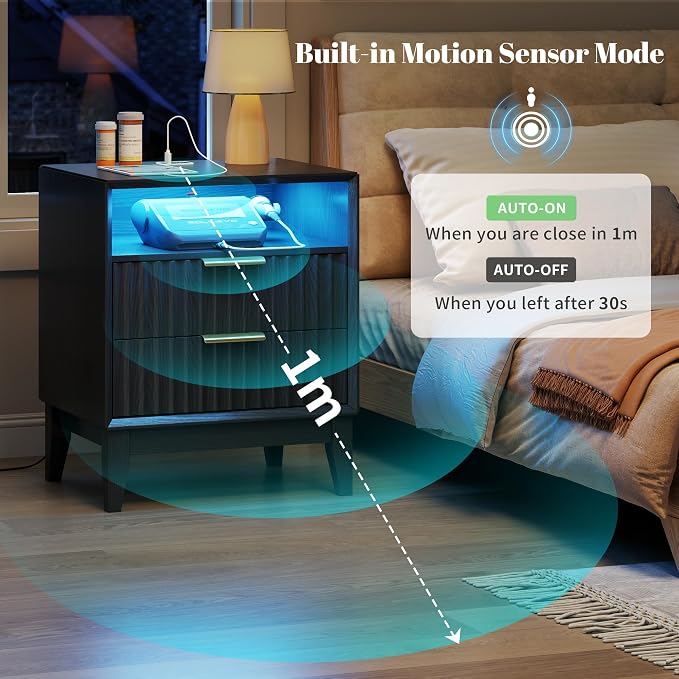 20“ W Fluted LED Nightstand with Charging Station, RFID Lock, Black | Bedside Table with Hidden Drawer, 2 Drawers, Open Cubby, Motion Sensor, USB and Type-C Ports, Night Stand for Bedroom