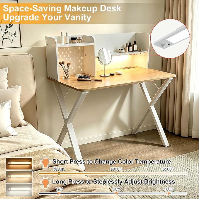 Lightdot 44"×24" White Computer Desk with Motion Sensor Light, Home Office Gaming Desk with Charging Station Pegboard, Modern Study Desk for Work Bedroom Game Kids Room Living Room
