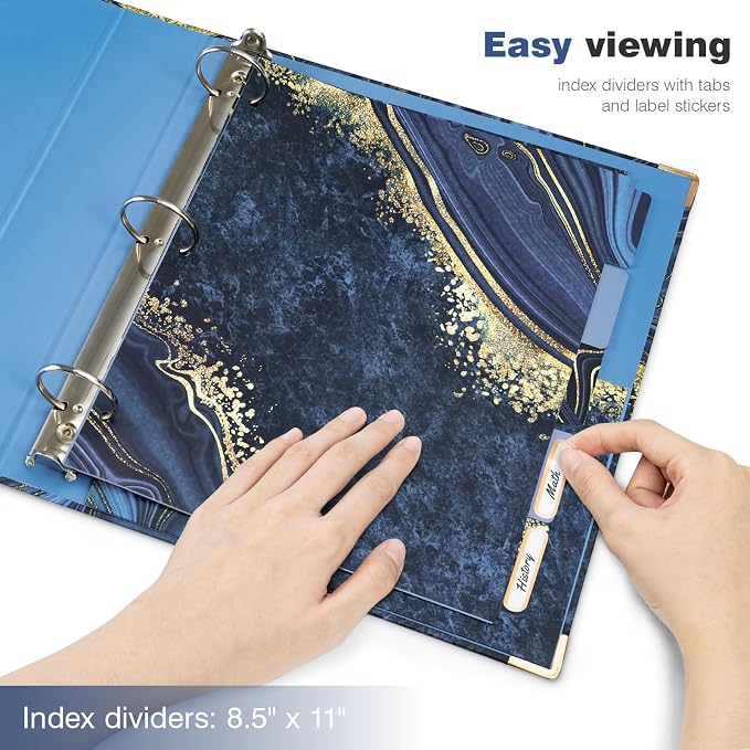 Ospelelf 3 Ring Binder, 1.5 Inch, Letter Size (11" x 8.5") with 5 Tab Dividers, File Folder Labels and Low Profile Clipboards, Blue Marble Binder for School and Office Supplies