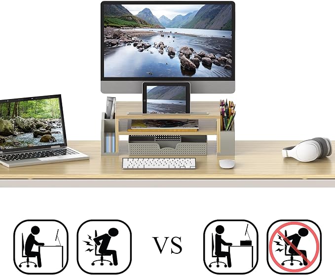 Simple Houseware Desk Monitor Stand Riser w/ Adjustable Tray, Oak | Built-In Tablet Slot and Side Storage