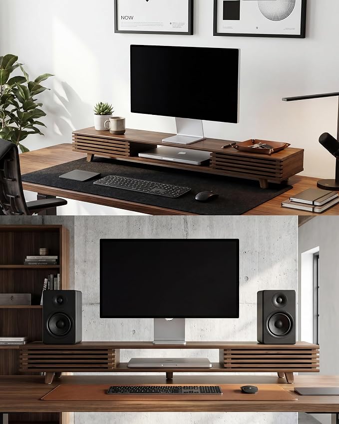 42" Dual Monitor Stand with Sliding Doors Desk Shelf Dark Bamboo | Ergonomic Relief Easy Assembly Solid Construction Cozy Workplace Computer Setup Desk Organizer High Load-bearing