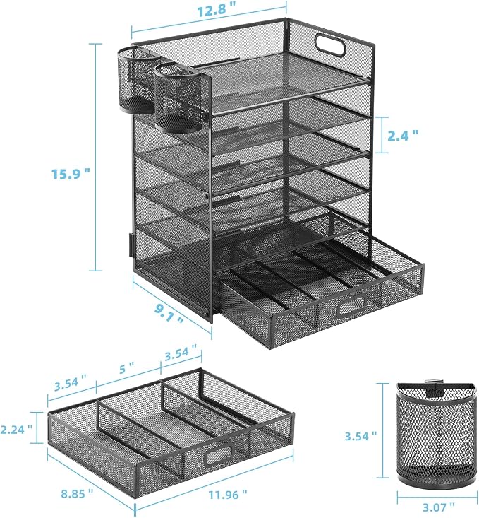 Lavatino 6-Tier Paper Organizer Letter Tray with Drawer - Mesh Desk File Paper Office Supplies Sorter Organizer for Office, Home or School File Folder Holder - Black