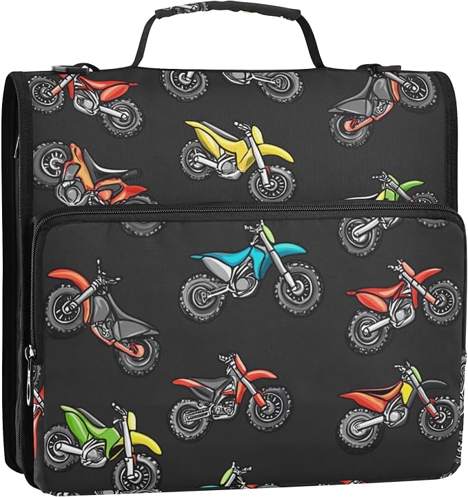 Fisyme Motocross Dirt Bike Black Zipper Binder 3 Ring with Zipper and Shoulder Strap Large Capacity Multi-Pocket Binder Organizer