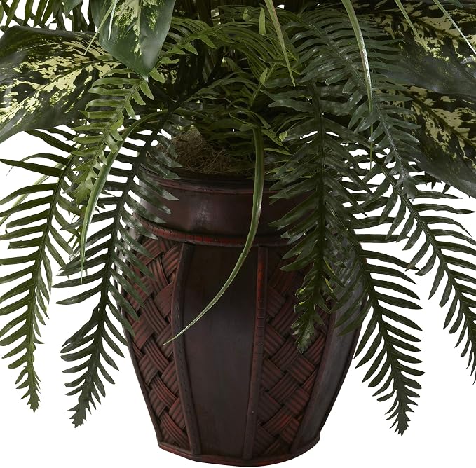 Nearly Natural 6727 3ft. Mixed Greens & Cattails with Planter, 26 x 26 x 36 inches, Green | Lush Lifelike Foliage, Maintenance-Free Maintenance, Decorative Planter Included, Home or Office Decor