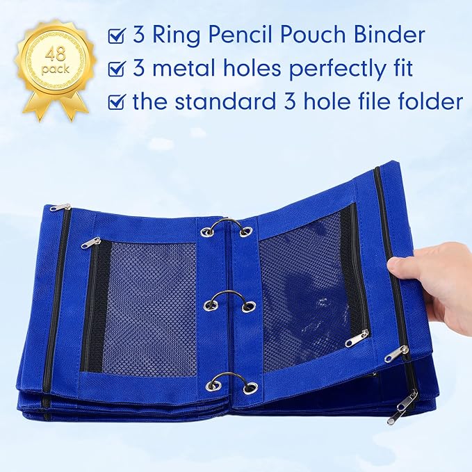 Leelosp 48 Pack Pencil Pouch for 3 Ring Binder,Royal Blue | Bulk Mesh Zipper Binder Pouches Pencil Boxes for Classroom Pencils Case Bags for Storing School Students Teacher Supplies