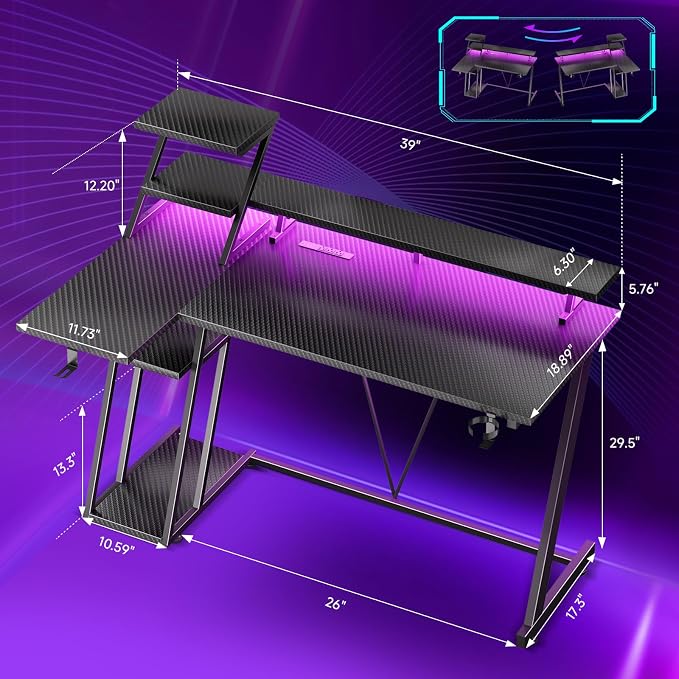 Korfile 40 Inch Gaming Desk with LED Lights & Power Outlet, L Shaped Computer Gaming Table with Storage Shelves, Reversible Corner Desk with Monitor Stand for Home Office, Carbon Fiber Black | L Shaped Computer Gaming Table, Reversible Corner Desk, Sto...
