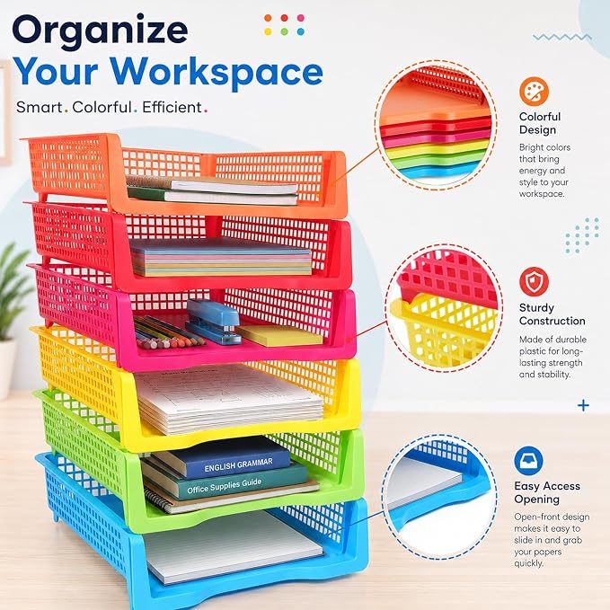 ZZYFGH 6 Pack Turn in Trays Classroom, Colorful Turn in Trays for Teachers, Plastic Classroom Paper Organizers, Stackable Tray for Classroom, Library, Drawers, Office Desk (13.4 * 9.5 * 2.7in)