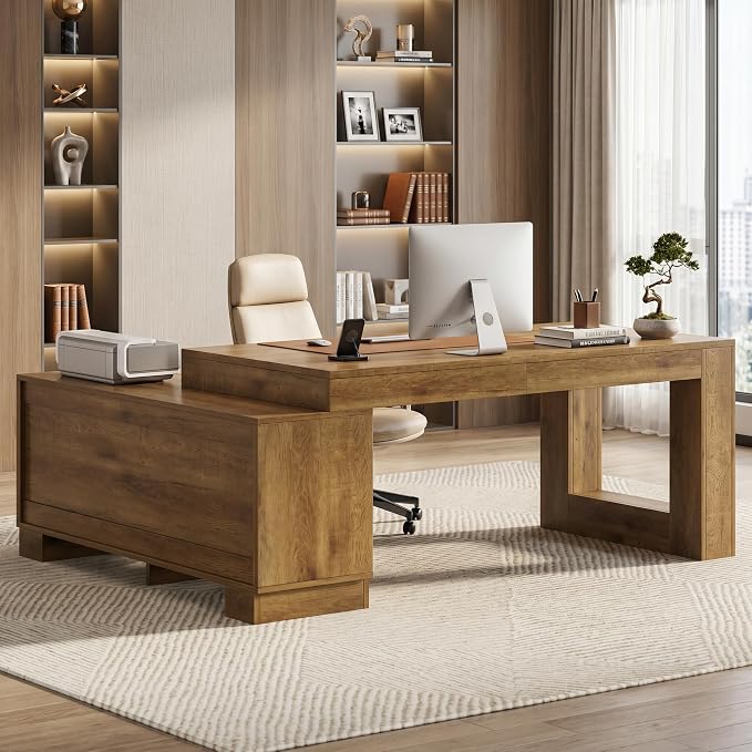 LITTLE TREE L Shaped Executive Desk, Large 63" Executive Desk with File Cabinet, Modern L Shaped Desk, Corner Computer Desk for Home Office & Business Furniture Workstation, Brown