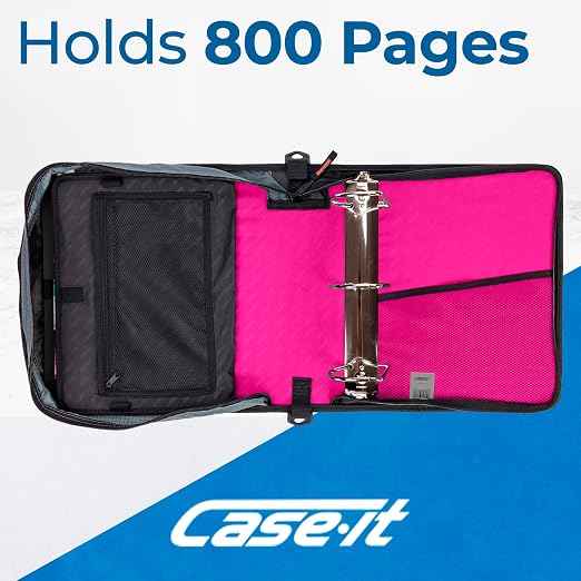 Case-it School Zipper Binder | 4-Inch D-Rings | 800-Sheet | D-186 Magenta | King Sized Zip Tab, 5-Subject Expanding File Folder, Multiple Pockets, Storage Organizer, Shoulder Strap, Office
