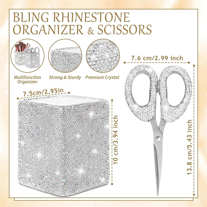 Qilery 8 Pcs Bling Desk Accessories Gift with 1 Bling Pen Holder 6 Pcs Crystal Rhinestone Pens 1 Crystal Scissors Glitter Makeup Brush Holder Valentines Gift Vanity Decor Organizer(White)