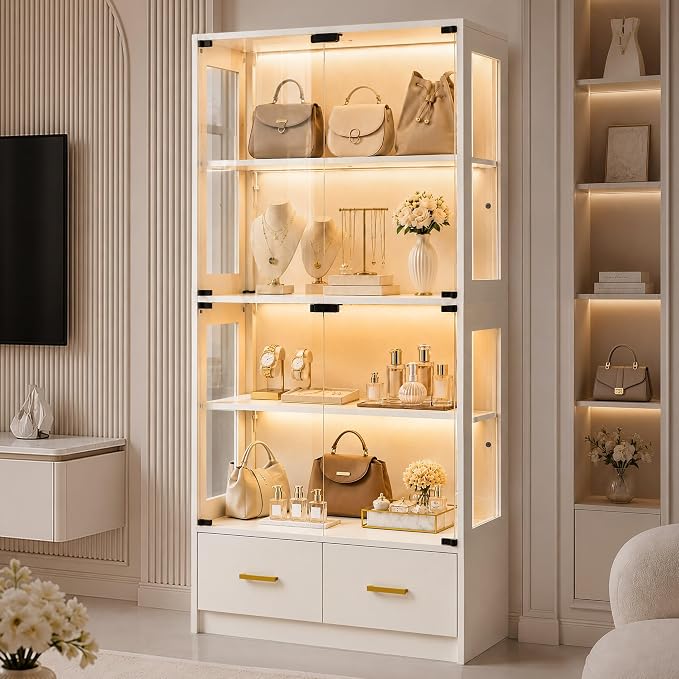 67" Display Cabinet with Glass Doors and 2 Drawers | White | RGB LED Lights, Pop-Up Glass Doors, Adjustable Shelves, Anti-Tip Design