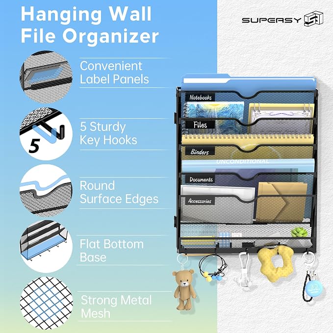6-Tier Wall File Organizer with Hooks, Hanging File Organizer | Metal Mesh Mail Organizer, Wall Mounted File Organizer for Home, Classroom, Office Organization