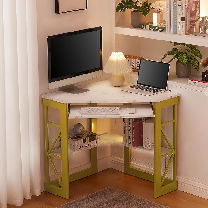 VECELO Corner Desk Computer Desk Writing Table with Smooth Keyboard Tray&Storage Shelves for Small Spaces/Compact Home Office Triangle Table,Gold & White