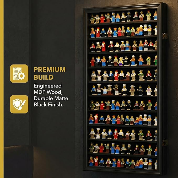 DisplayGifts Building Block Toy Minifigures Miniatures Thimble Display Case Wall Cabinet Standing Plates Included, 2.25" Shelf Height UV Protection Door Black Finish Frame