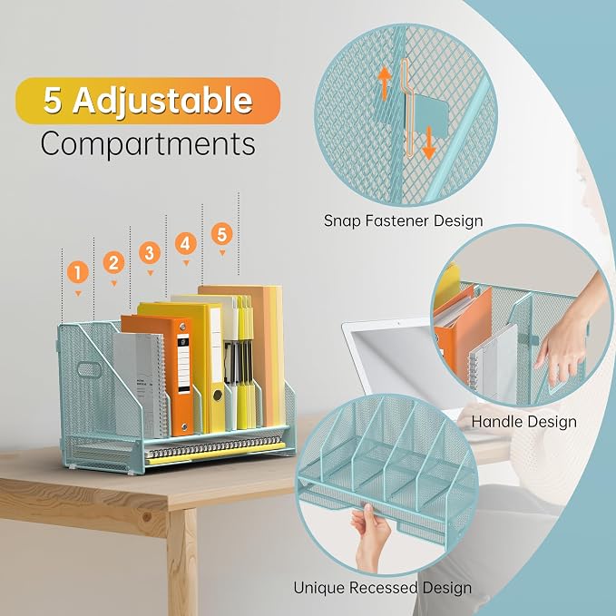 Docnest Mesh Desk File Organizer, 5 Vertical Compartment Box Sorter, Blue | Features 4 removable middle dividers for custom spacing and a bottom letter tray to hold paper, mail, and documents