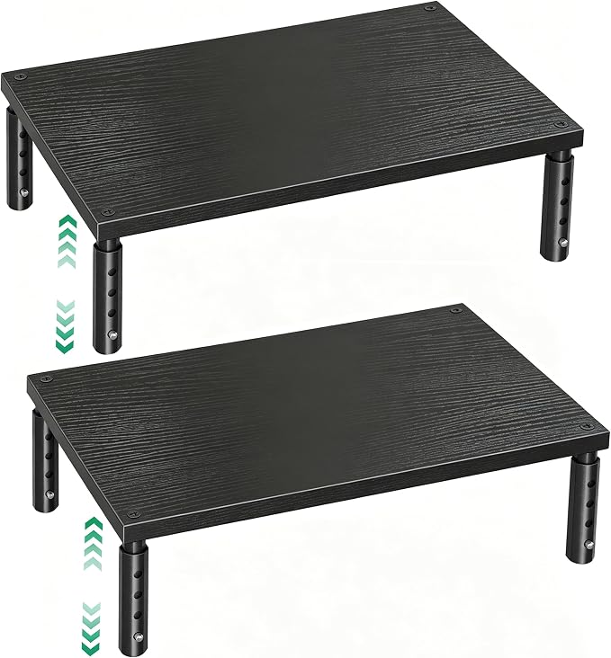 Adjustable Monitor Stand Riser for Desk, Wood Computer & Laptop Stand, Desk Organizers and Accessories, Office Desk Accessories & Workspace Organizer for Home Office Supplies, Black 2-Pack