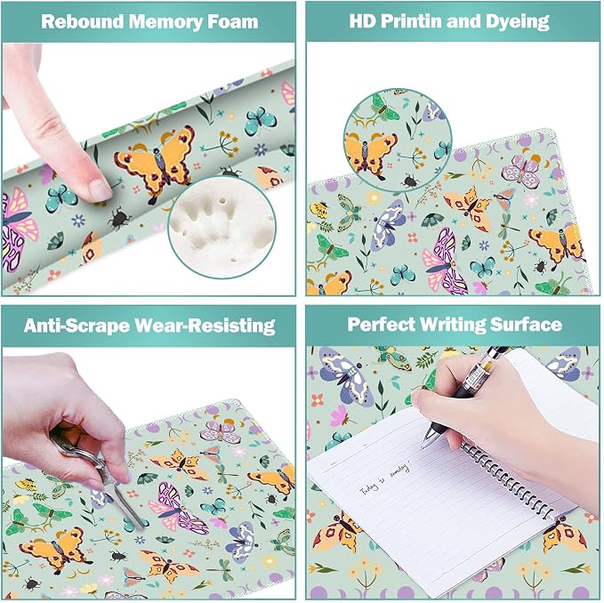 Desk Mat Set, Aquamarine Extended Gaming Mouse Pad with Wrist Rest Support +Keyboard Wrist Rest +Coaster, Large Cute Butterfly Mousepad for Office, Home