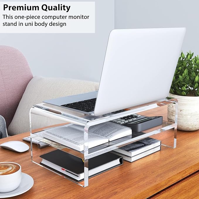 Egchi Acrylic Monitor Stand Riser, 2 Tier Clear Computer Monitor Stand for Home Office Business, PC Desk Stand Monitor Riser for Keyboard Storage, Laptop, Printer and TV Screen -12x7.2x5.12 inches | Desk Stand Monitor Riser, for Home Office Business, K...