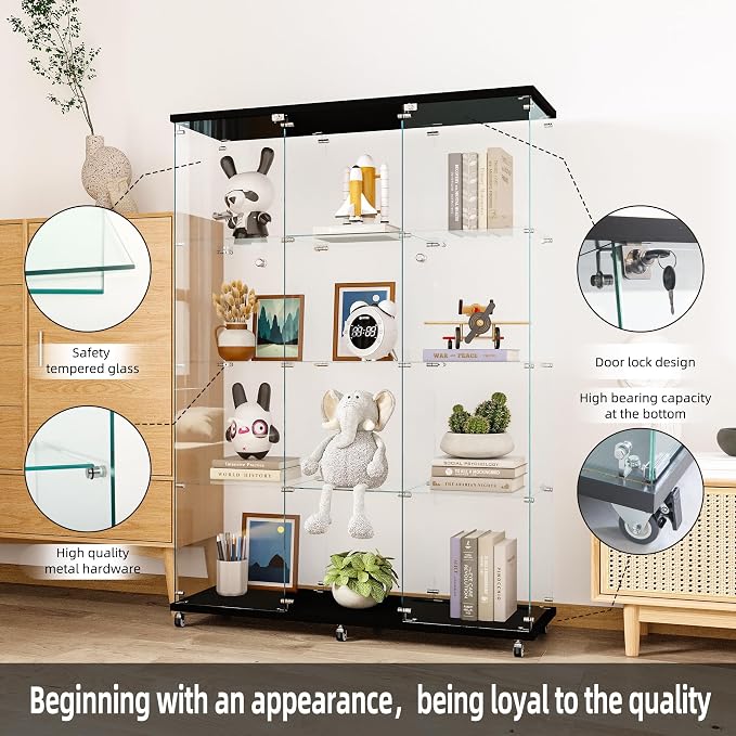FLYMUHJIA Curio Cabinets with Glass Doors Modern Glass Shelves Tempered Glass Display Cabinet with Lock Figure Display Case (4-Shelf 3-Door, Black)