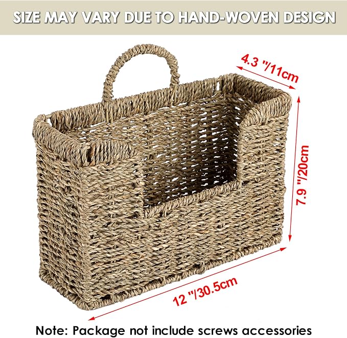 BTSKY Woven Hanging Magazine Holder, Seagrass Magazine Basket, Wall Mounted Storage Basket for Books & Files, Wall File Organizer Magazine Rack with Handle for Home & Office - 12x4.3x7.9 Inch