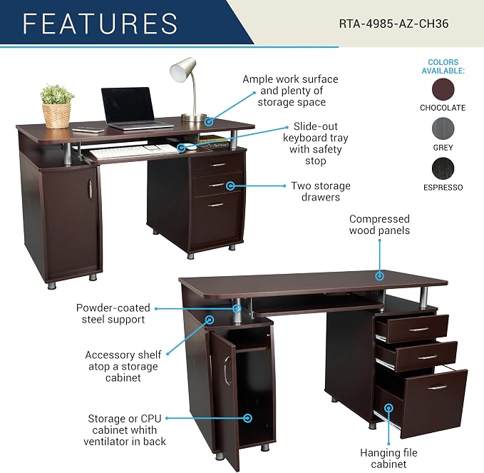 Techni Mobili 48''W Computer Desk with File Cabinet & Drawers, Brown | Home Office, Keyboard Tray, Storage, Computer Workstation, Ideal for home office, Workspace organization