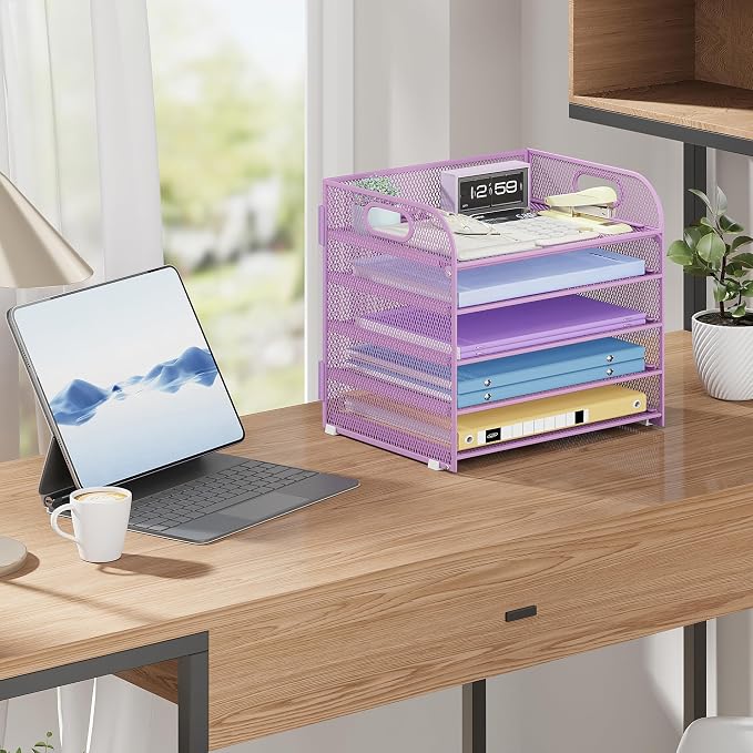 Cawukege 2 Pack 5 Tier Paper Organizer, Letter Tray with Handle, Mesh Desk Organizer, Metal File Organizer, Office Desk Accessories for Home, Office, Classroom, School -Purple