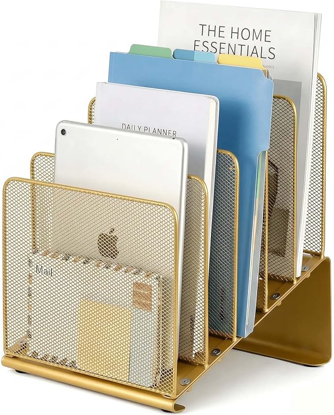 LEKETREE File Organizer for Desk, File Folder Organizer with 5-Section Vertical Rack, Suitable for Home Office Document Organization and Storage(Gold)