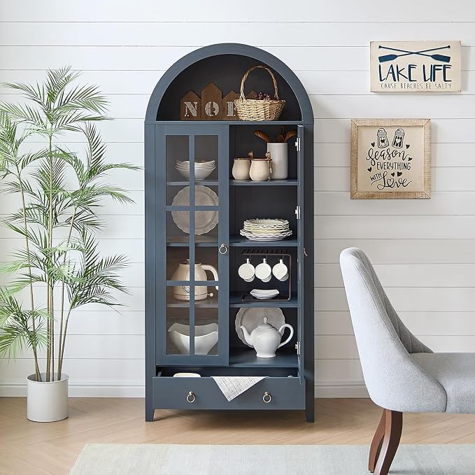 RowyPoey 71" Tall Arched Cabinet Bookshelf with Glass Door & Storage Drawer | Modern Farmhouse Display Cabinet,Adjustable Shelves,Wood Kitchen Pantry for Dining Room,Living Room,Office,Navy Blue