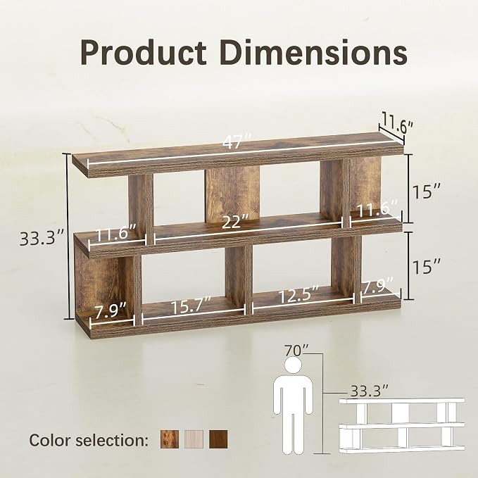TIQLAB 47" Bookshelf, Open Bookcase Corner Shelf for Bedroom, Rustic Brown | horizontal bookshelf with 3 open shelves, for bedroom office living room, display rack tv stand long console table, rustic