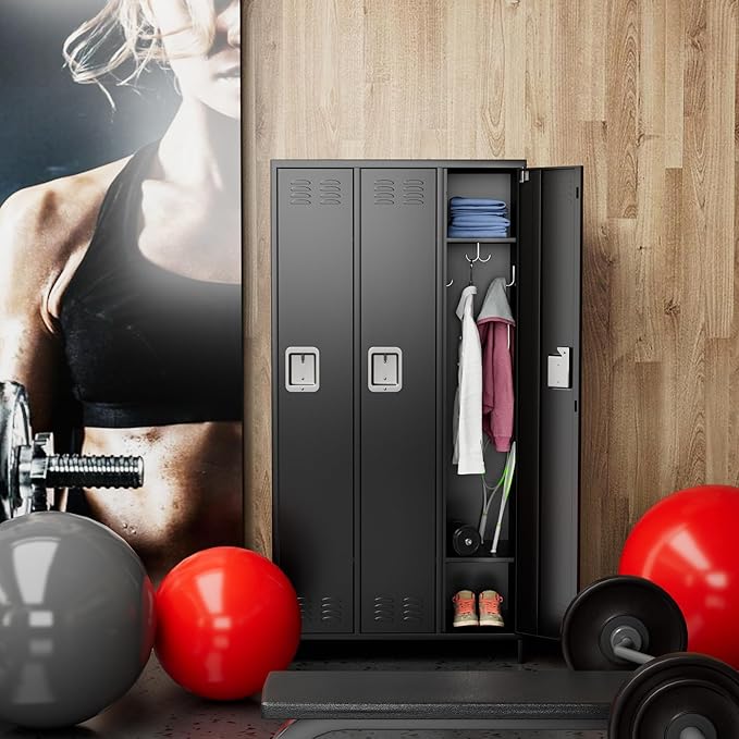 SUPEER 3 Doors Metal Lockers for Employees with Lock, Metal Locker with 9 Hooks for School Garage Office Gym Home,Assembly Required,Black