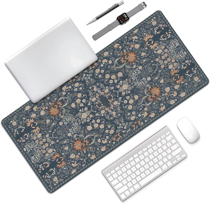 Floral Aesthetic Wildflower Gaming Mouse Pad, Blue Pink Rug Desk Mat with Anti-Slip Base & Stitched Edges, Office & Home Desk Decor for Women, 35.4" x 15.7" in Computer Desktop Mat