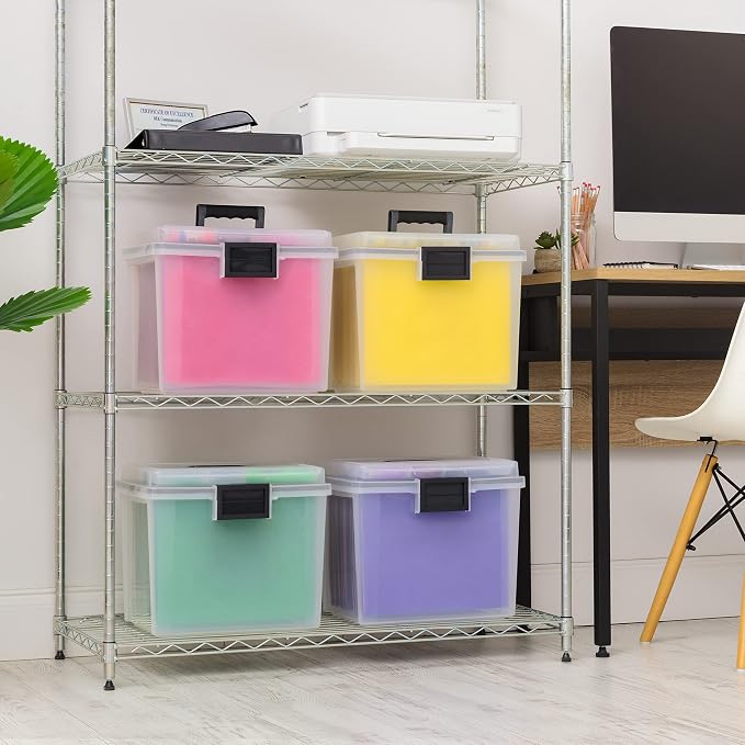 IRIS USA WeatherPro Portable File Box Organizer, 19 Qt. 4-Pack, Clear | Store and transport letter size files, documents and records with weather resistant protection and secure latching