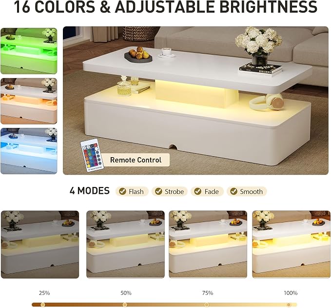 47" Modern LED Coffee Table, 2 Tier Rectangular Center Table with 16 Colors Lights & Large Storage Space, High Glossy Wooden Tea Table for Living Room, Bedroom, Home Office, White