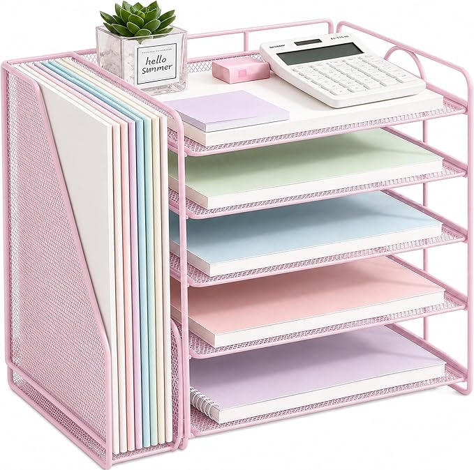 Desk Organizer, 5-Tier Paper Organizer Letter Tray, Pink | Desk Organizers and Accessories, Office Desk Accessories & Workspace Organizers, Desktop File Organizer for Office Supplies