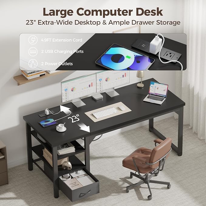 63" Computer Desk with Drawer, 1.2" Thick Reversible Office Desk | Modern Writing Table with Power Outlets & Storage Shelves, Heavy Duty Industrial Executive Desk for Home Bedroom Study Work