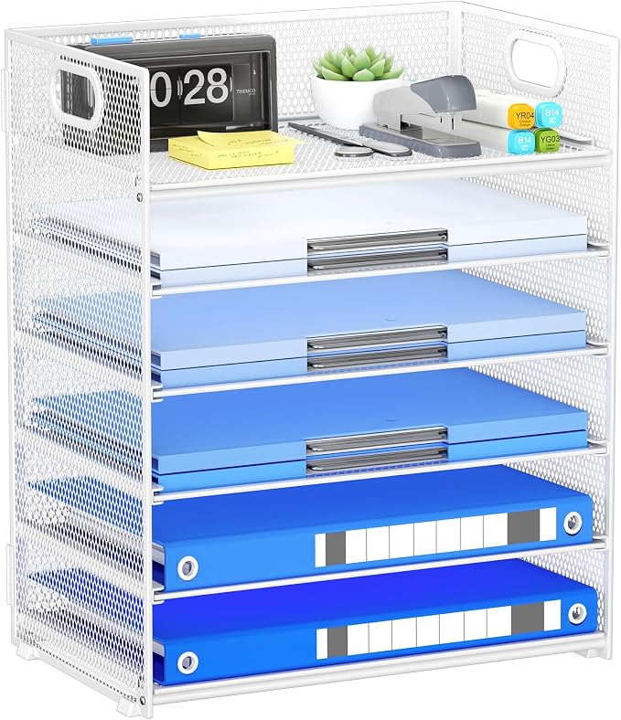 Paper Organizer for Desk with Handle, 6-Tier | Metal Mesh File Organizer, Stackable Letter Tray for Office Documents & Stationery Storage