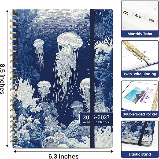 Planner 2026-2027, Monthly & Weekly Jul 2026-Jun 2027 Calendar Book | 6.3" x 8.5", Hardcover Spiral Planner with Tabs, School & Daily Pretty Agenda for Women, Students, Teachers, Ocean Etching