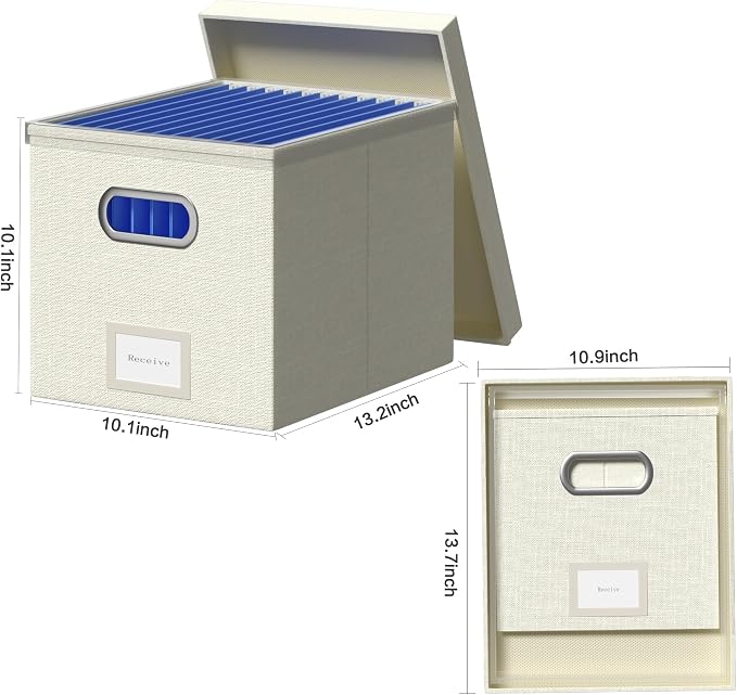 File Organizer Box - File Boxes for Hanging Files with Lid Set of 3 Decorative Hanging Folders Organizer with One-Piece Plastic Frame Slides (Beige White, 13.2 * 10.1 * 10.1in(3Pack))