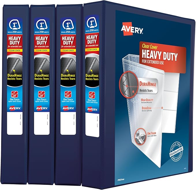 Avery Heavy Duty View 3 Ring Binder, 1" One Touch Slant Ring, Holds 8.5" x 11" Paper, 4 Navy Blue Binders (79869)