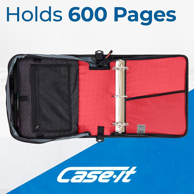 Case-it School Zipper Binder | 3-Inch O-Rings | 600-Sheet | D-146 Coral | Mighty Zip Tab, 5-Color Tab Expanding File Folder, Multiple Pockets, Shoulder Strap, Office