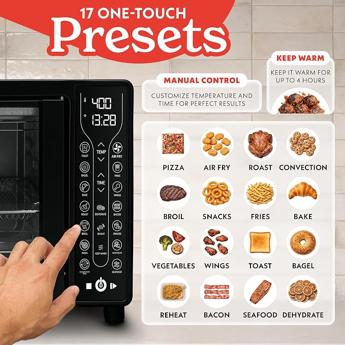 Gourmia French Door Air Fryer Toaster Oven – 6-Slice Capacity, FryForce 360°, Digital Display with 17 Cooking Presets, Black