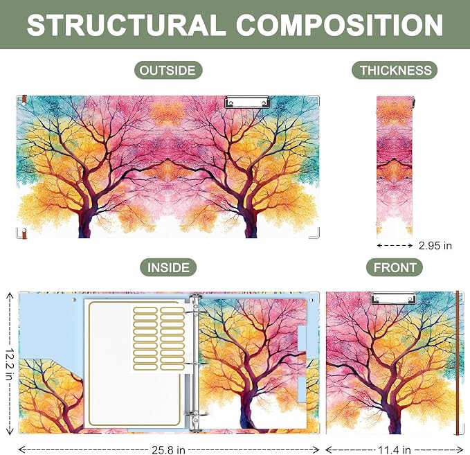 Rouidr 3 Ring Binder, 2 Inch Round Ring Binder Organizer with Clipboard, 5 Dividers Tabs, A4 8.5 x 11 Inch Paper & Clear Sleeves for School, Office Supplies