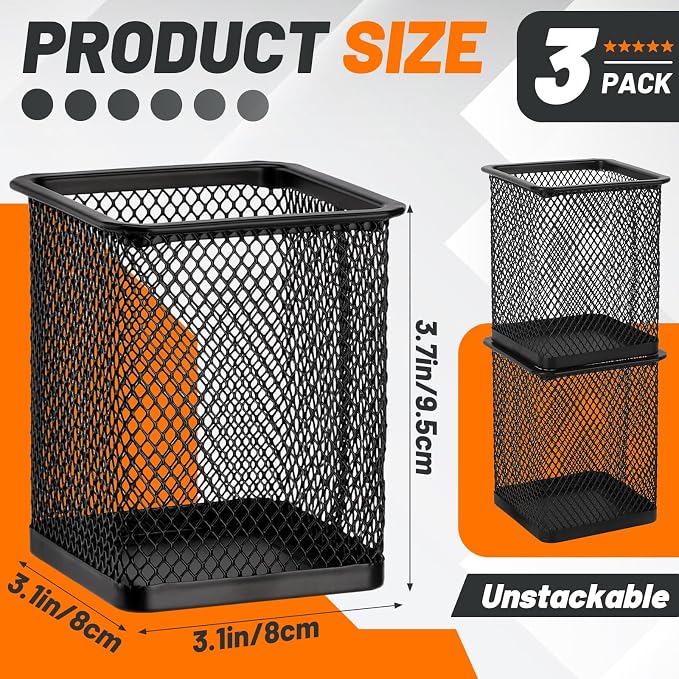 Segarty Square Pen Holder, 3 Pack Black Pen Holder for Desk, Metal Mesh Pencil Cup Container Desktop Accessories Organizer for Office, School, Home, Makeup Brush