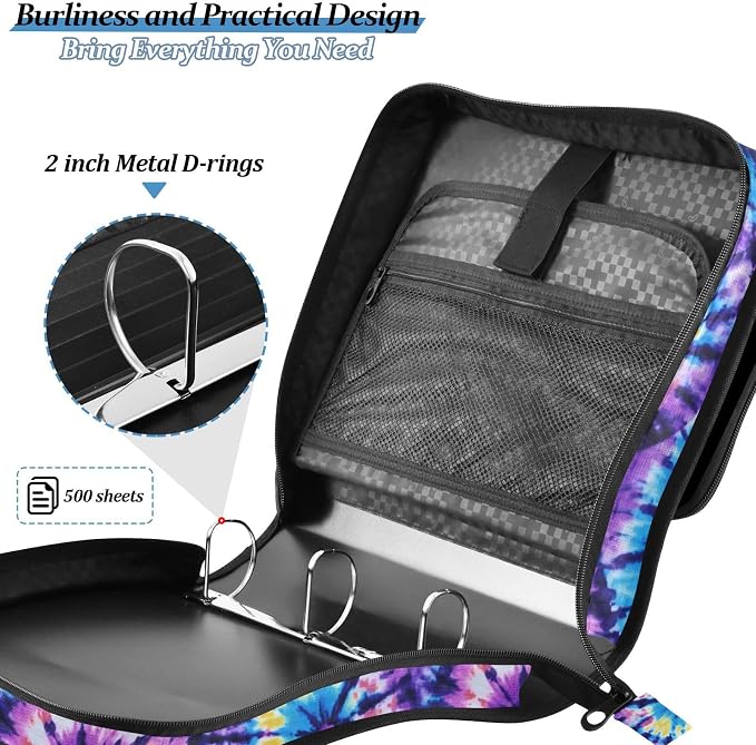 Tie Dye Blue Purple 3 Ring Binder Bag 1.5 inch Binder Organizer with Zipper Shoulder Strap 500 Sheet Documents Storage for School Office