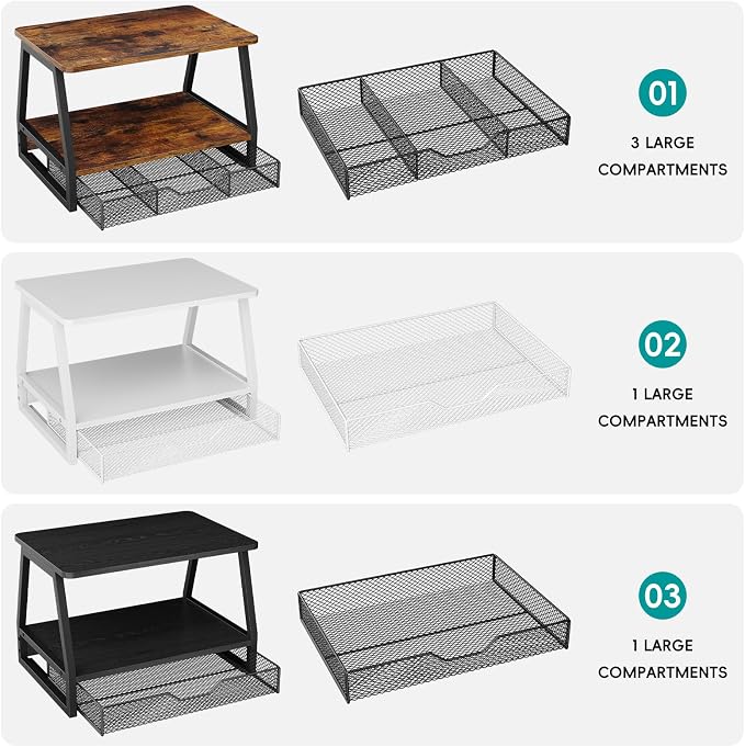 2-Tier Printer Stand with Storage, Desktop Organizer with Drawers for Printer Paper, Desk Shelf for Office and Home Printers‌ Tables, White